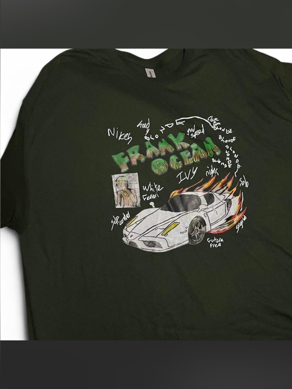 Frank Ocean White Ferrari Shirt Blonde Ivy Streetwear Olive Green Baggy XL